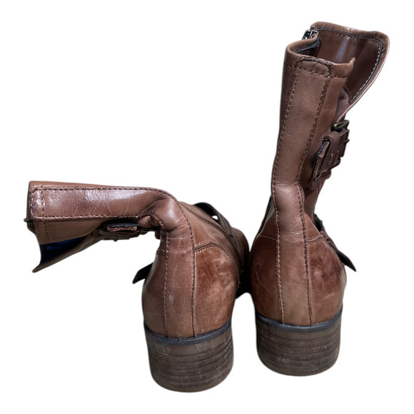 Earth Talus Almond Brown Leather Zip Buckle Moto Mid Boots Womens Size 8.5B - Picture 4 of 7